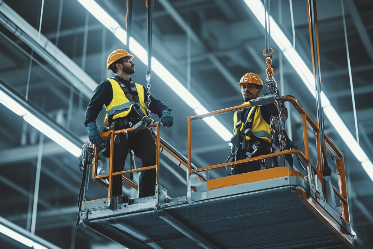 Two certified technicians installing structured cabling at heights in an industrial warehouse using safety harnesses and protective gear