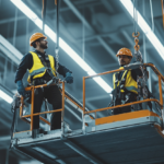 Two certified technicians installing structured cabling at heights in an industrial warehouse using safety harnesses and protective gear