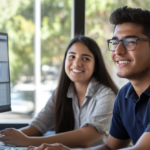 Dos jóvenes profesionales latinoamericanos trabajando en una estrategia de seguridad de datos frente a monitores con gráficos técnicos